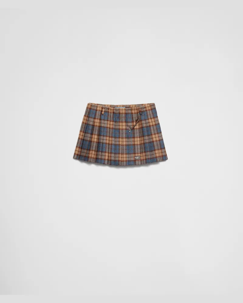 Prada Minirock aus kariertem Wolltwill Tabak