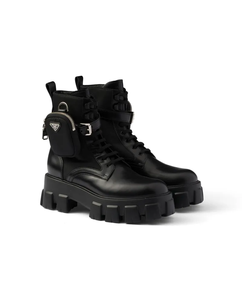 Prada Monolith Combat Boots Aus Leder Und Re-nylon Mit Pouch, Damen, Schwarz, Größe Schwarz