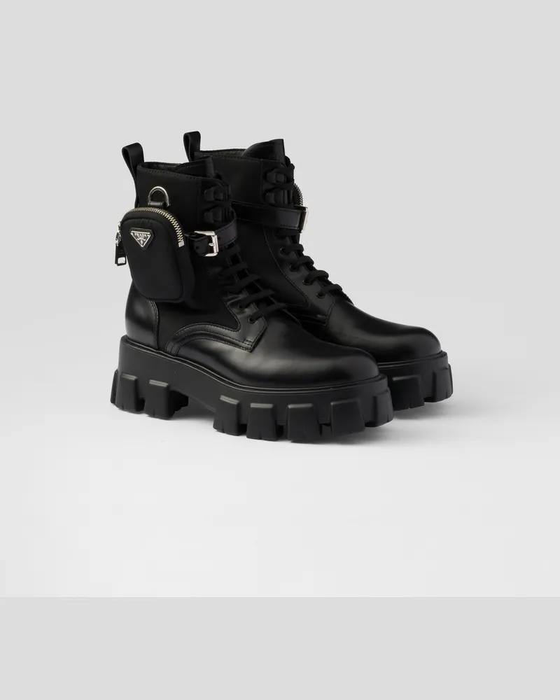 Prada Monolith Combat Boots aus Leder und Re-Nylon mit Pouch Schwarz