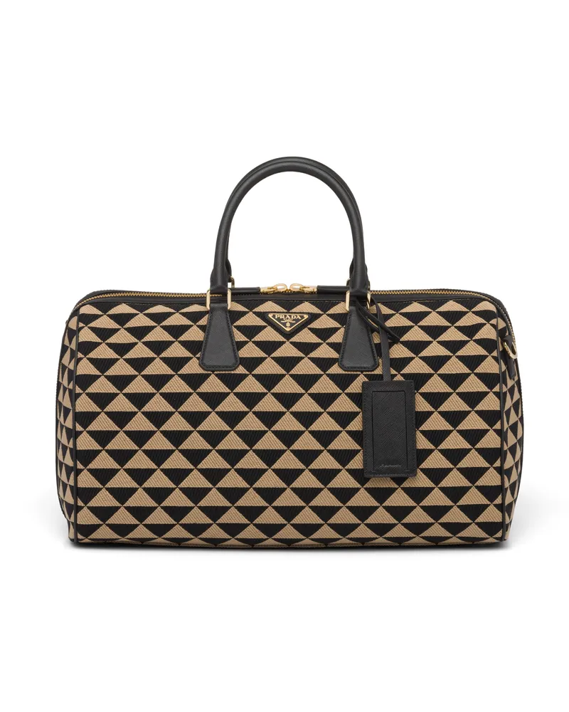 Prada Symbole Reisetasche Aus Besticktem Stoff, , Schwarz/beige Schwarz