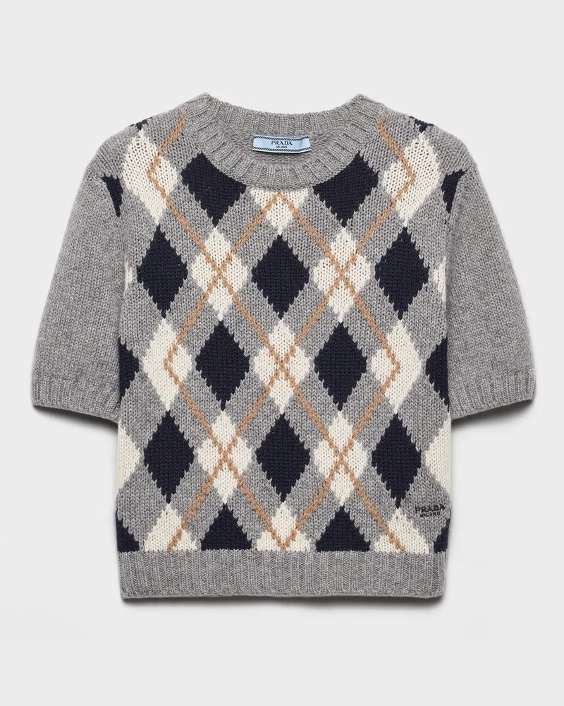 Prada Kurzarm-Kaschmirstrickpullover mit Argyle-Muster Grau