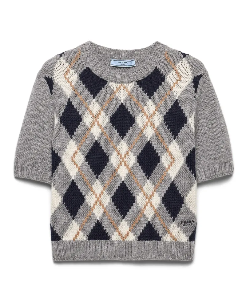 Prada Kurzarm-kaschmirstrickpullover Mit Argyle-muster, Damen, Grau, Größe Grau