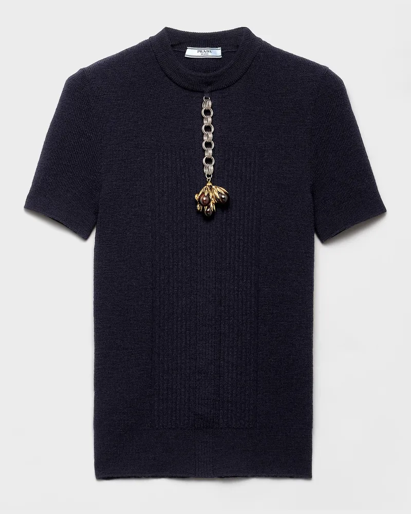 Prada Kurzarm-Pullover aus Wolle mit Anhänger Blau