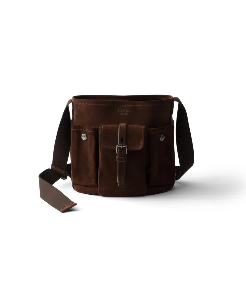 Prada Route Mini Bucket Bag Aus Veloursleder, Damen, Dunkelbraun Dunkelbraun