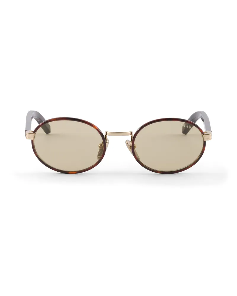 Prada Sonnenbrille Mit Der Ikonischen Metallplakette, Damen, Kamillefarbene Gläser Kamillefarbene