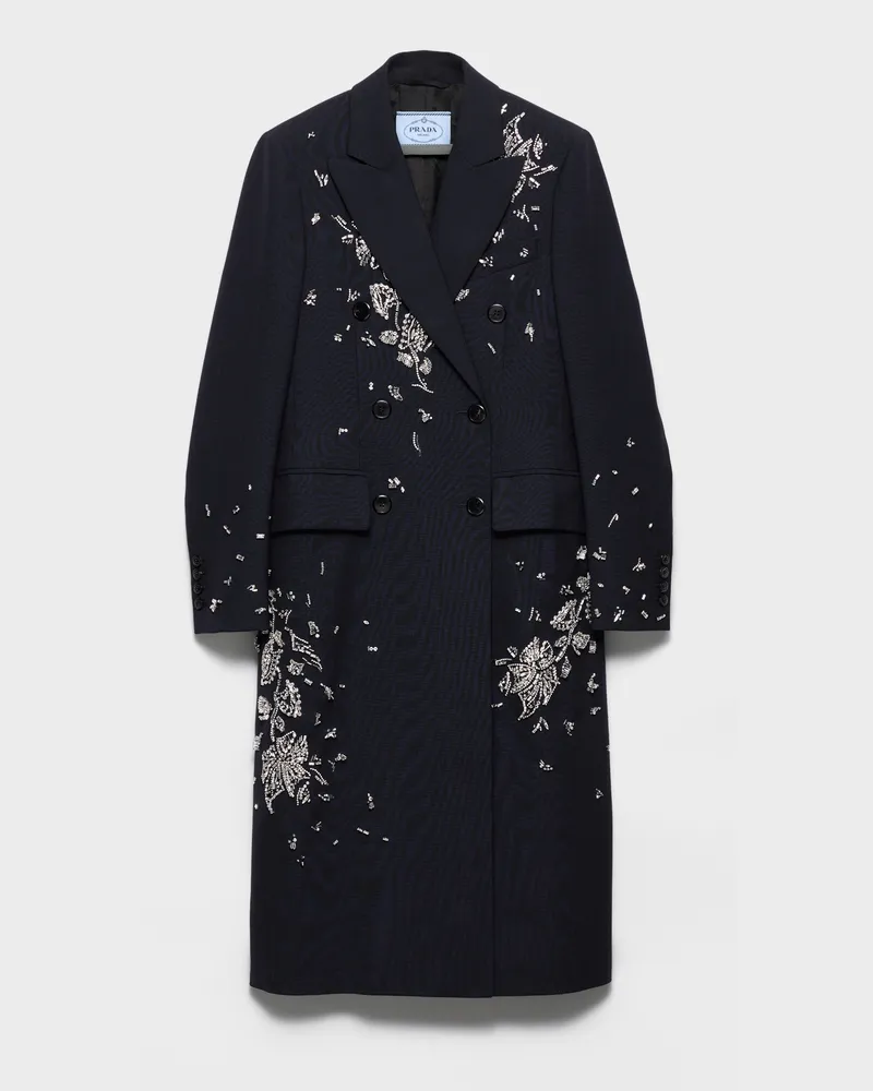 Prada Bestickter Dufflecoat aus Wollgemisch mit doppelreihigem Rush-Stich Blau