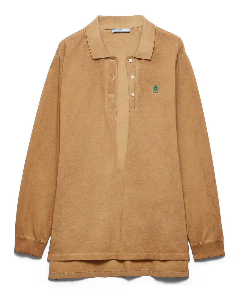 Prada Langarm-poloshirt Aus Baumwollpiqué, Damen, Khaki, Größe Khaki