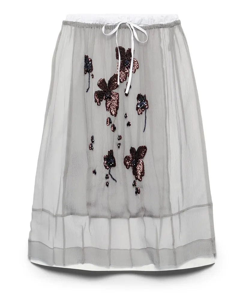 Prada Bestickter Midirock Aus Chiffon, Damen, Aluminium, Größe Aluminium