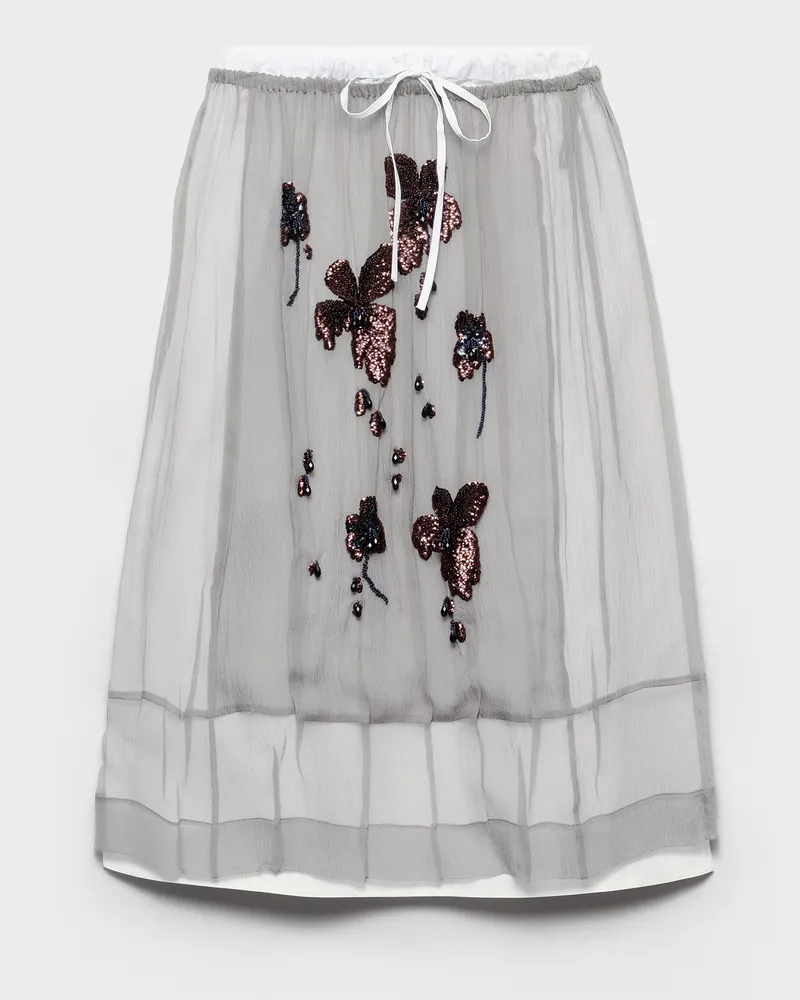Prada Bestickter Midirock aus Chiffon Aluminium