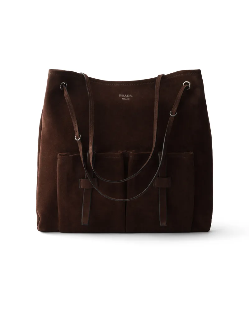 Prada Große  Route Tasche Aus Veloursleder, Damen, Dunkelbraun Dunkelbraun