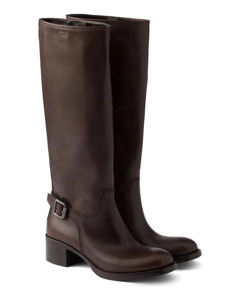 Prada Stiefel Aus Leder, Damen, Teak, Größe Teak
