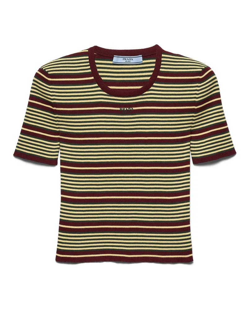Prada Kurzärmliger Gestreifter Pullover Aus Baumwolle, Damen, Amaranth/creme, Größe Amaranth