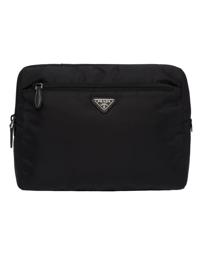 Prada Große Reiseetui Aus Re-nylon, Damen, Schwarz/astralblau Schwarz