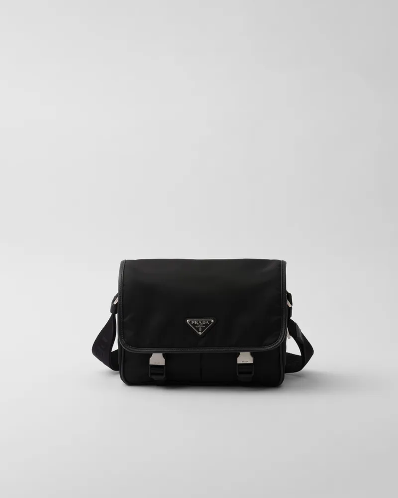 Prada Schultertasche aus Re-Nylon und Saffiano-Leder Schwarz