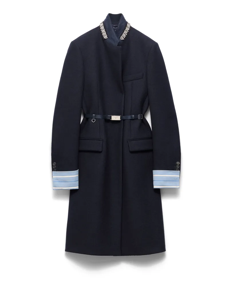 Prada Einreihiger, Gestickter Mantel Aus Double-wolle, Damen, Blau, Größe Blau