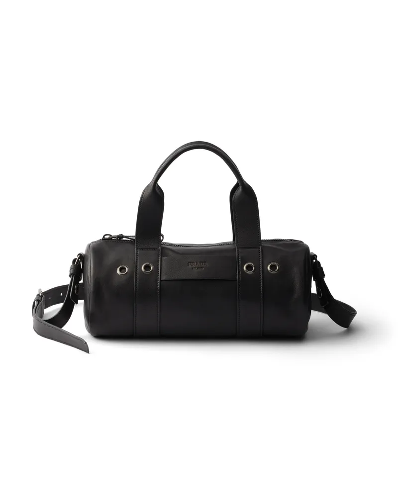 Prada Route Große Henkeltasche Aus Leder, Damen, Schwarz Schwarz