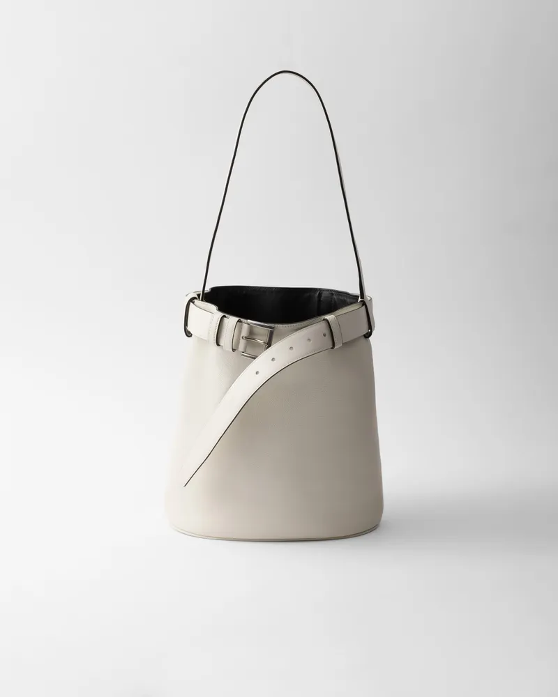 Prada Buckle Bucket Bag aus Leder mit Gürtel White