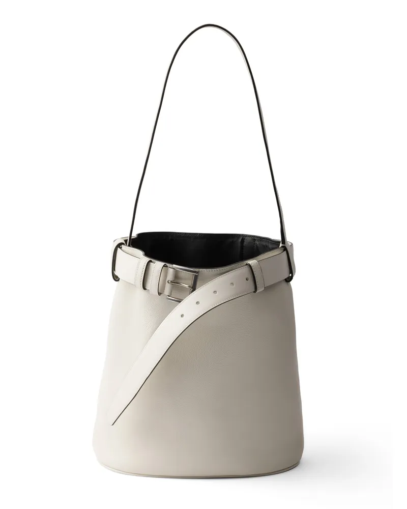 Prada Buckle Bucket Bag Aus Leder Mit Gürtel, Damen, White/black White