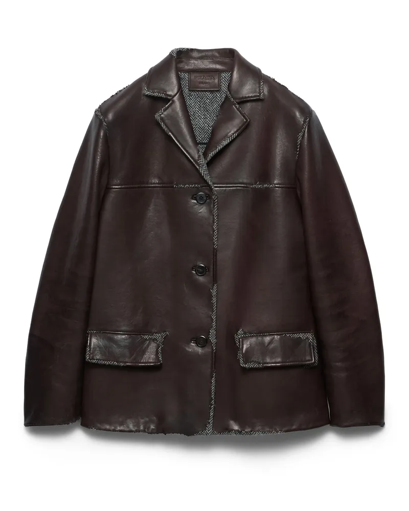 Prada Jacke Aus Verklebtem Nappa-leder Und Shetlandwolle Mit Fischgrätmuster, Damen, Sienna, Größe Sienna