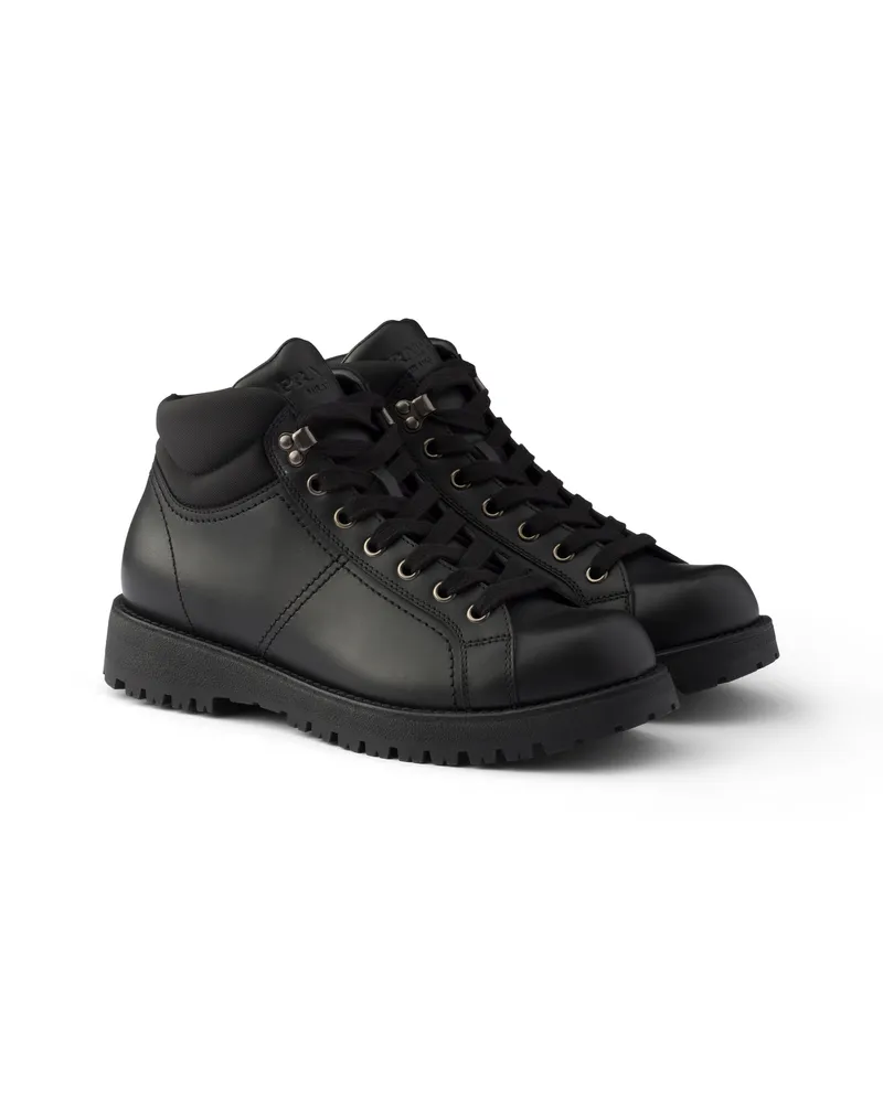 Prada Schnürstiefeletten Aus Leder Und Re-nylon, Herren, Schwarz, Größe 7 Schwarz