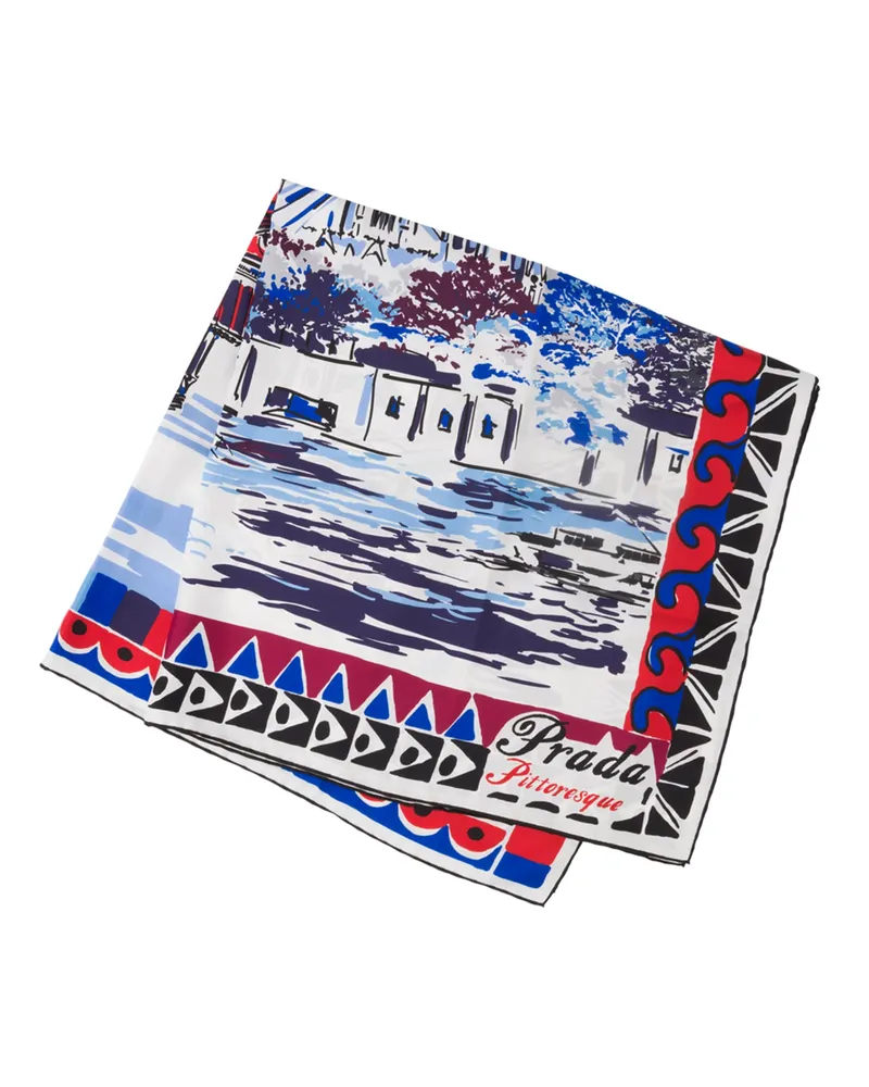 Prada Pittoresque-tuch Aus Seide Mit Paris-print 90 x 90, Damen, Marineblau Marineblau
