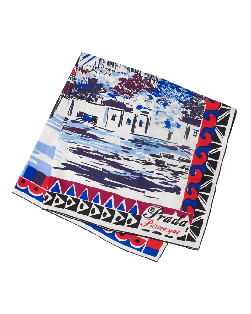 Prada Pittoresque-Tuch aus Seide mit Paris-Print 90 x 90 Marineblau