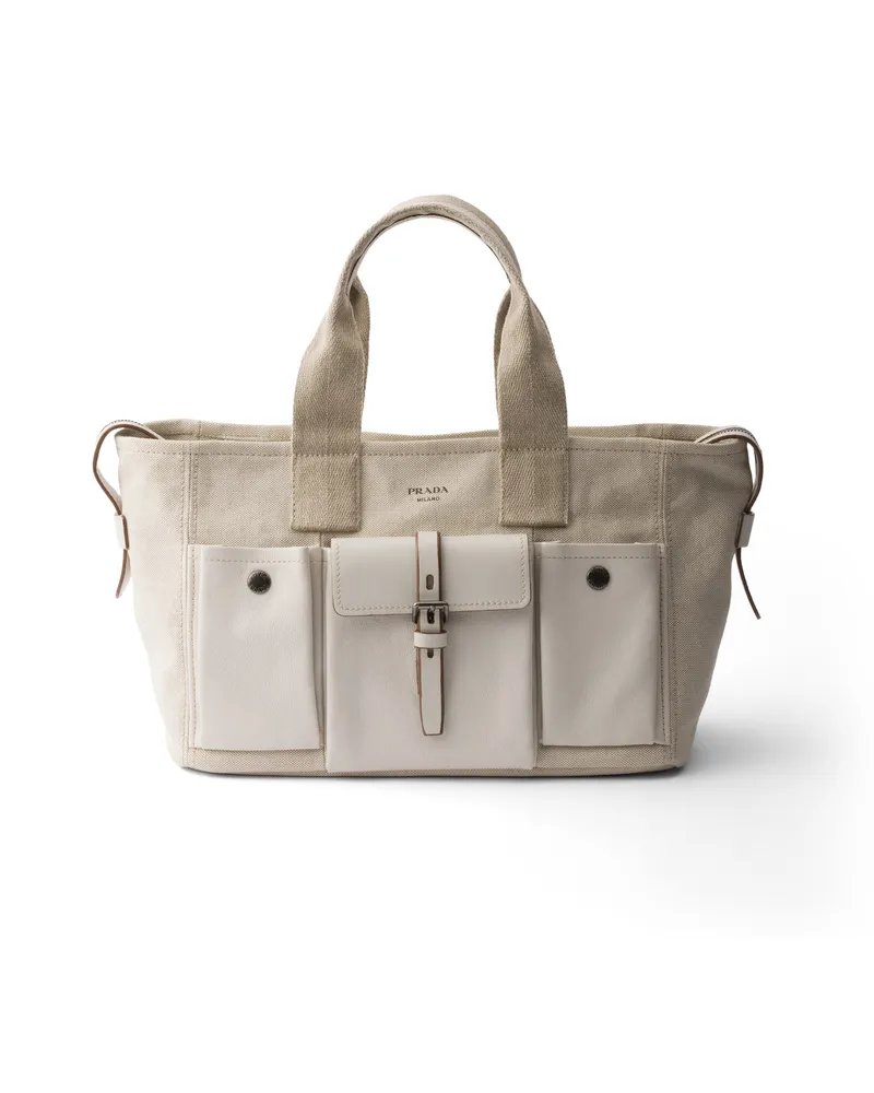 Prada Route Große Tote Bag Aus Canvas Und Leder, Damen, Natur Natur