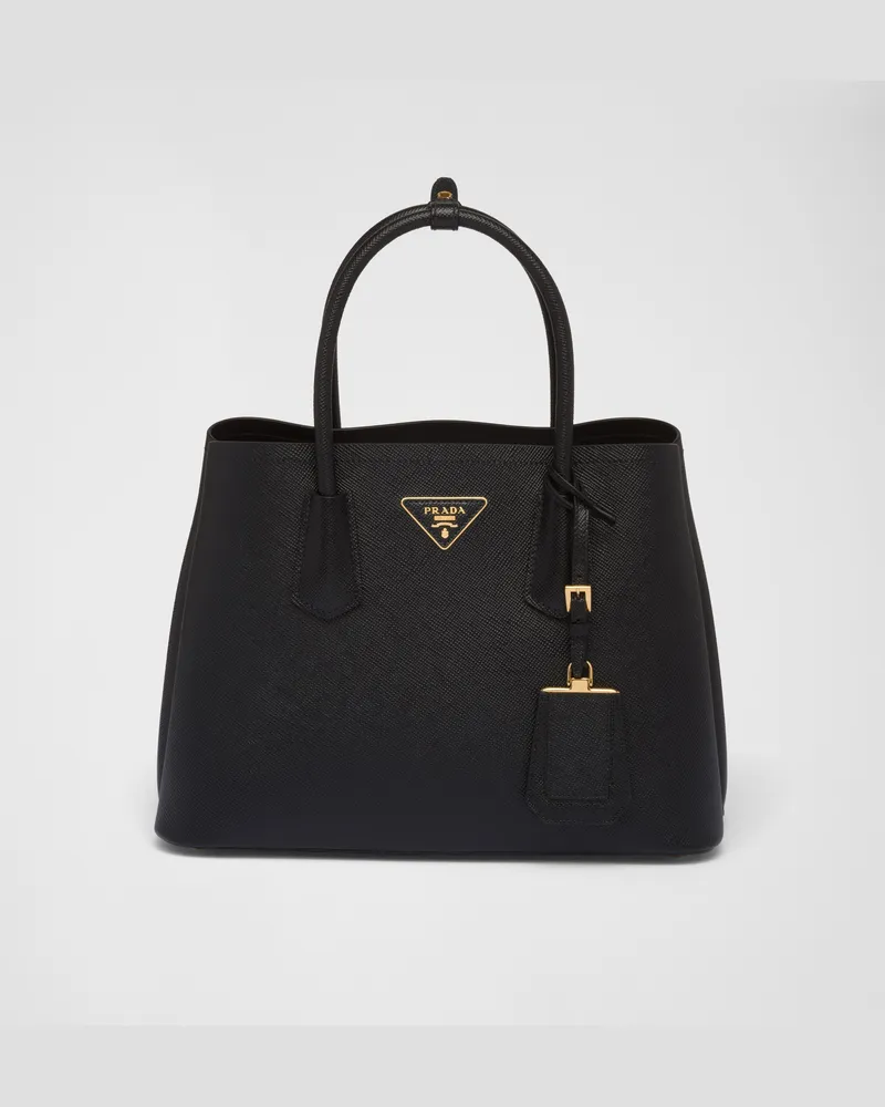 Prada Mittelgroße  Double Tasche Aus Saffiano-leder, Damen, Schwarz Schwarz