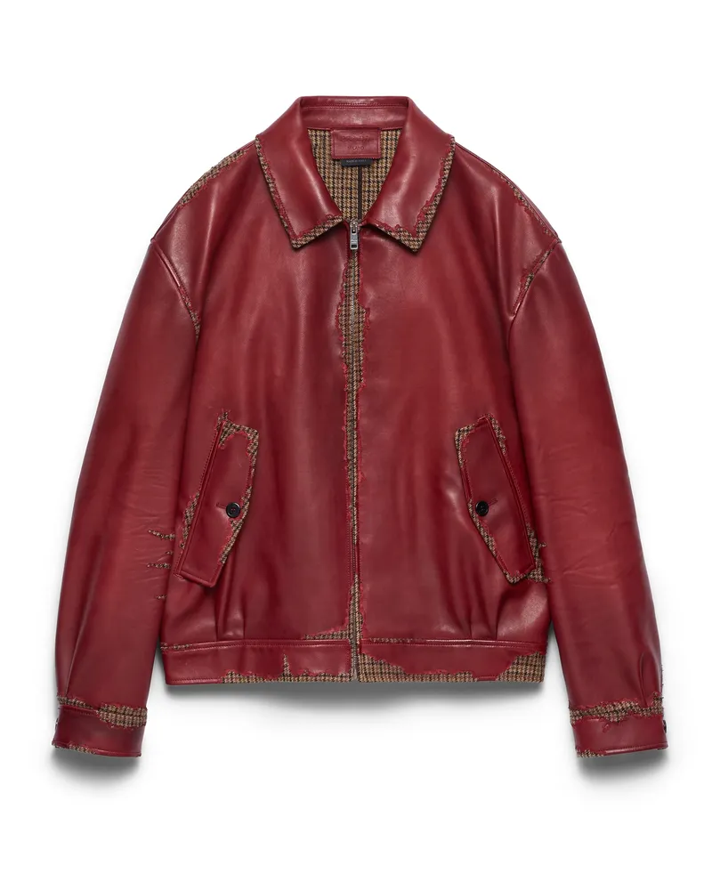 Prada Jacke Aus Nappa-leder Und Stoff Mit Hahnentrittmuster, Damen, Rubinrot, Größe Rubinrot