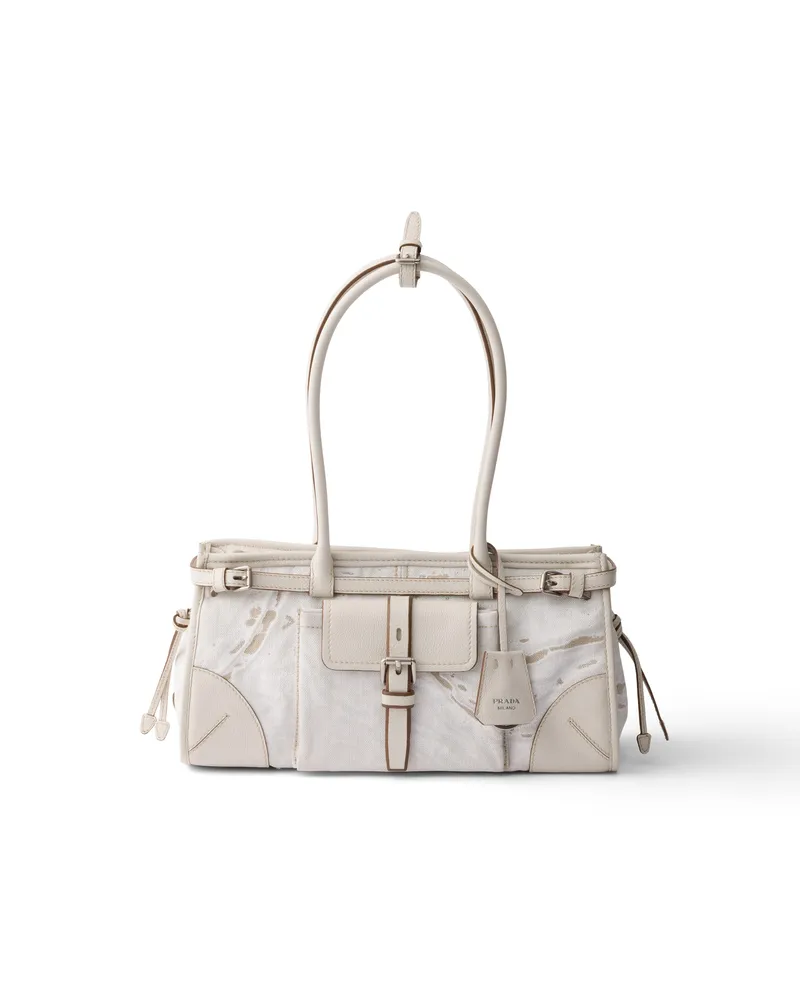 Prada Bonnie Mittelgroße Handtasche Aus Bedrucktem Leinen Und Leder, Damen, Weiss Weiss