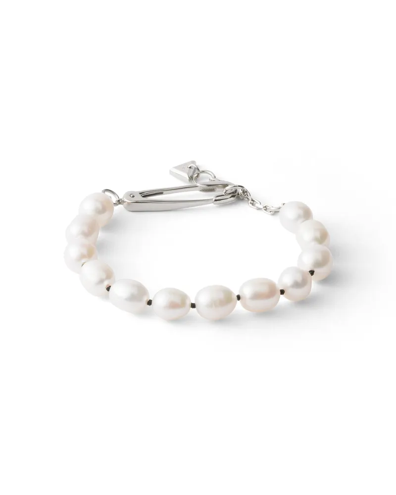 Prada Armband Aus Metall Mit Perlen, Damen, Stahl/perlgrau Stahl