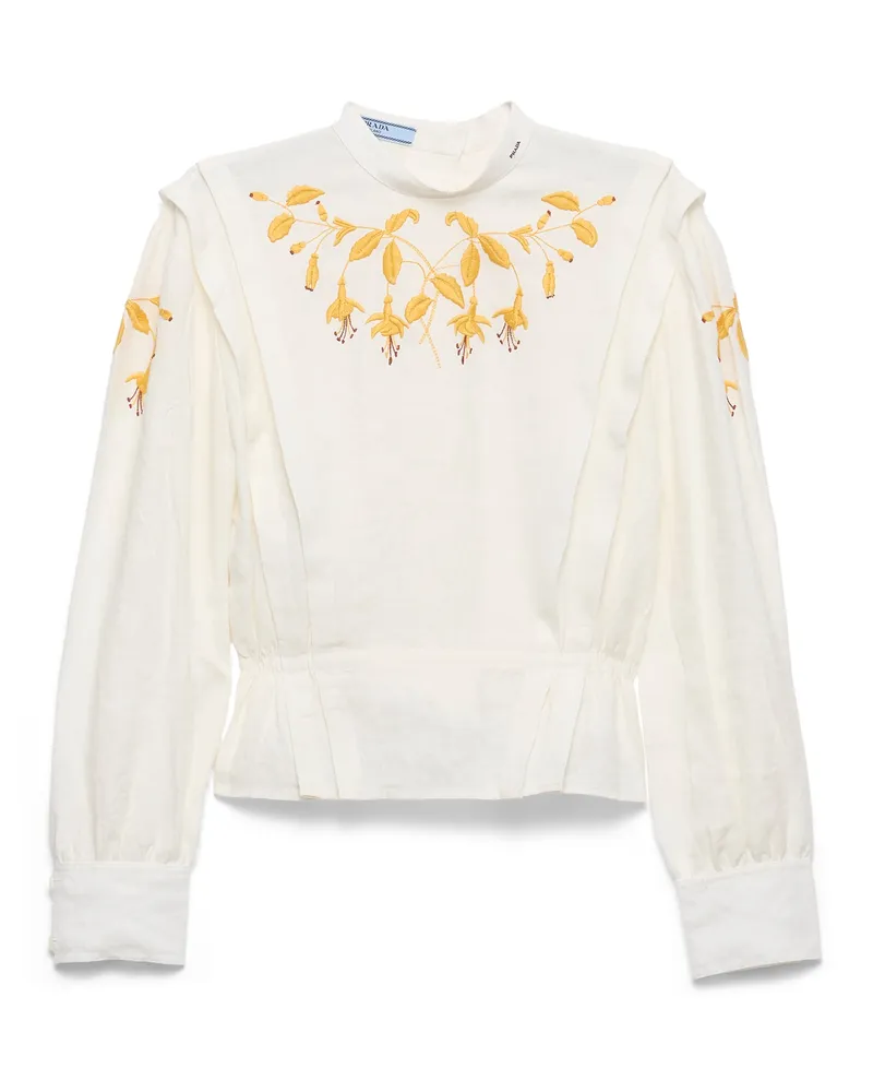 Prada Top Aus Besticktem Slubstoff, Damen, Ivory/yellow, Größe Ivory