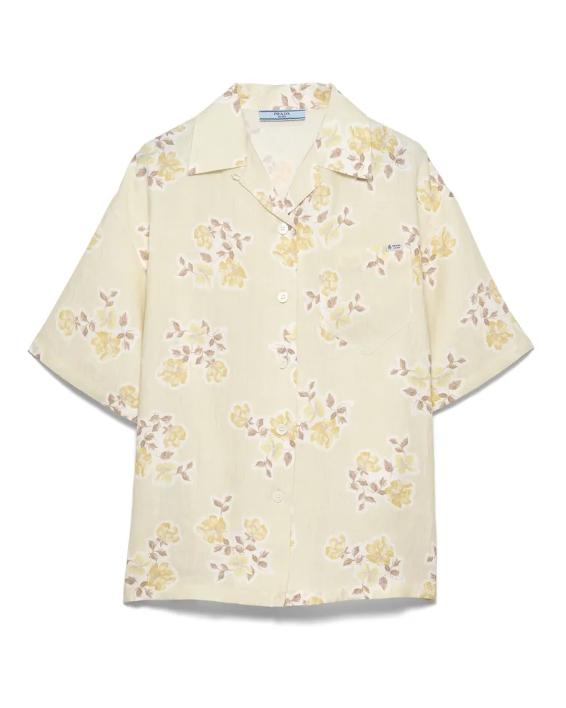 Prada Hemd Aus Altem Leinen Mit Blumenmuster, Damen, Vanille, Größe Vanille