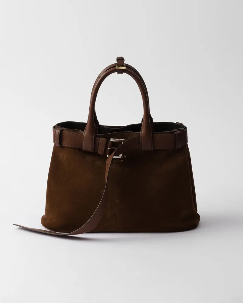 Prada Mittelgroße  Buckle Tasche aus Wildleder mit Gürtel Kakaobraun