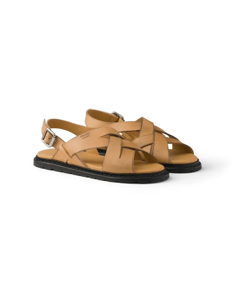 Prada Sandalen Aus Antikisiertem Leder, Damen, Natur, Größe Natur