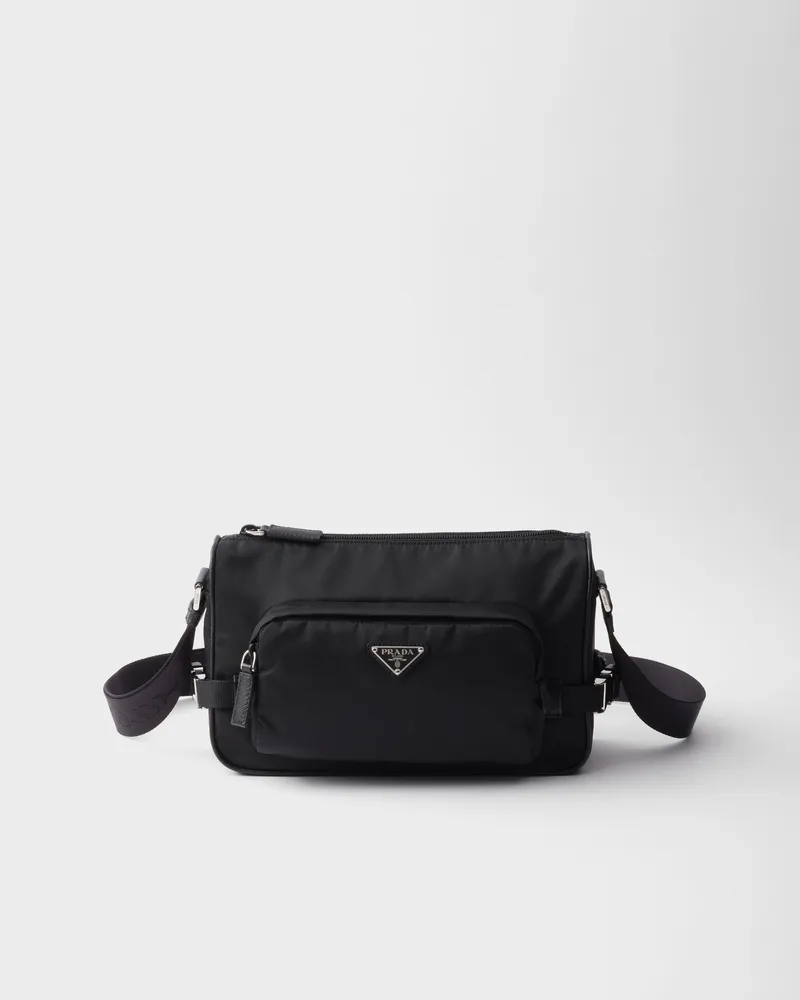 Prada Mittelgroße Schultertasche aus Re-Nylon und Saffiano-Leder Schwarz