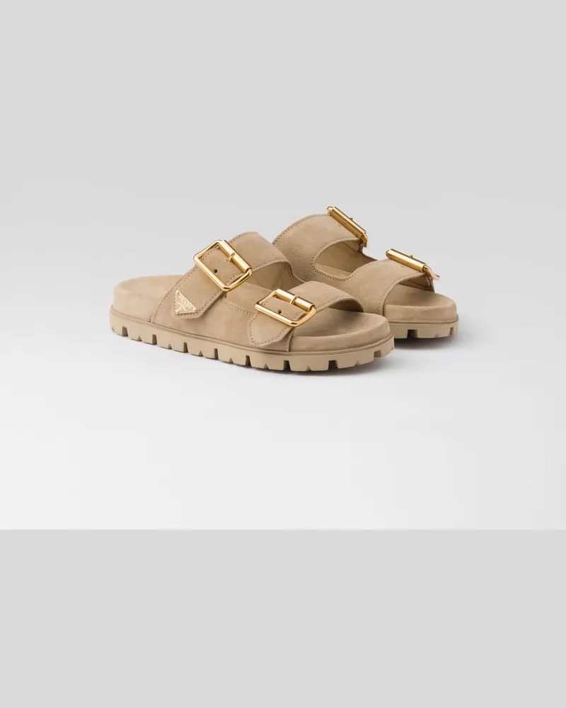 Prada Pantoletten aus Wildleder mit Riemen Ecru
