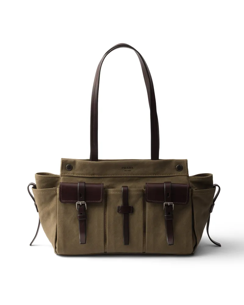 Prada Route Große Tote Bag Aus Canvas Und Leder, Damen, Waldgrün Waldgrün