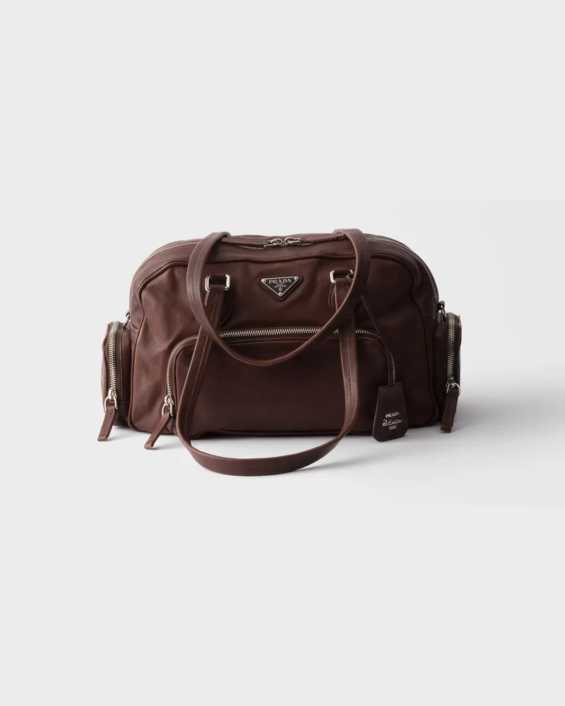 Prada Große Henkeltasche aus gewaschenem Leder Kakaobraun