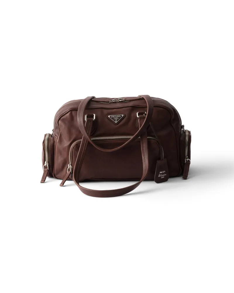 Prada Große Henkeltasche Aus Gewaschenem Leder, Damen, Kakaobraun Kakaobraun