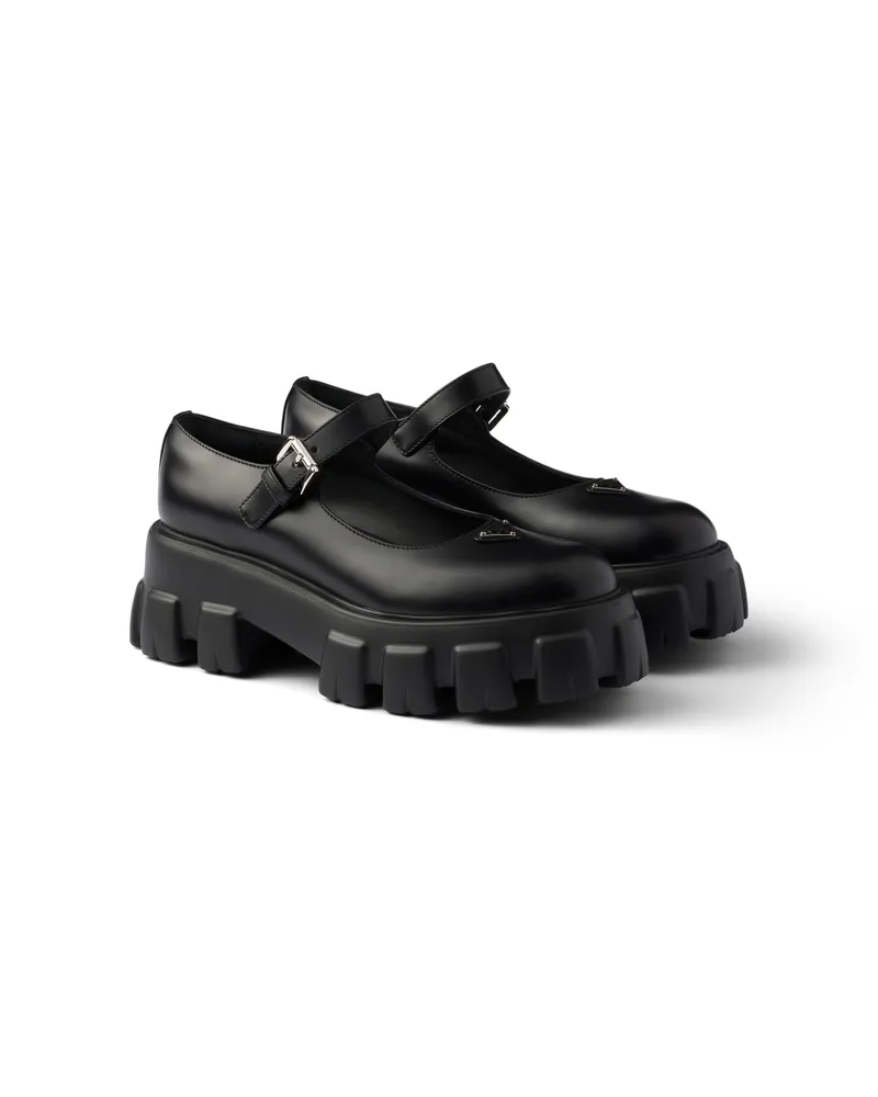 Prada Monolith Mary Janes Aus Gebürstetem Leder, Damen, Schwarz, Größe Schwarz