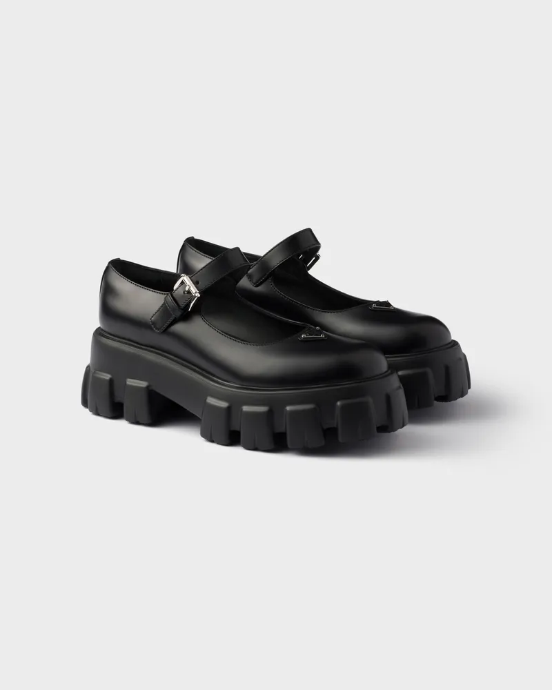 Prada Monolith Mary Janes aus gebürstetem Leder Schwarz