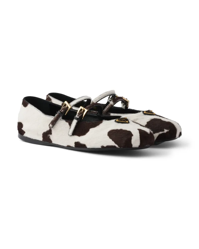 Prada Ballerinas Aus Bedrucktem Leder, Damen, Weiß/dunkelbraun, Größe Weiß