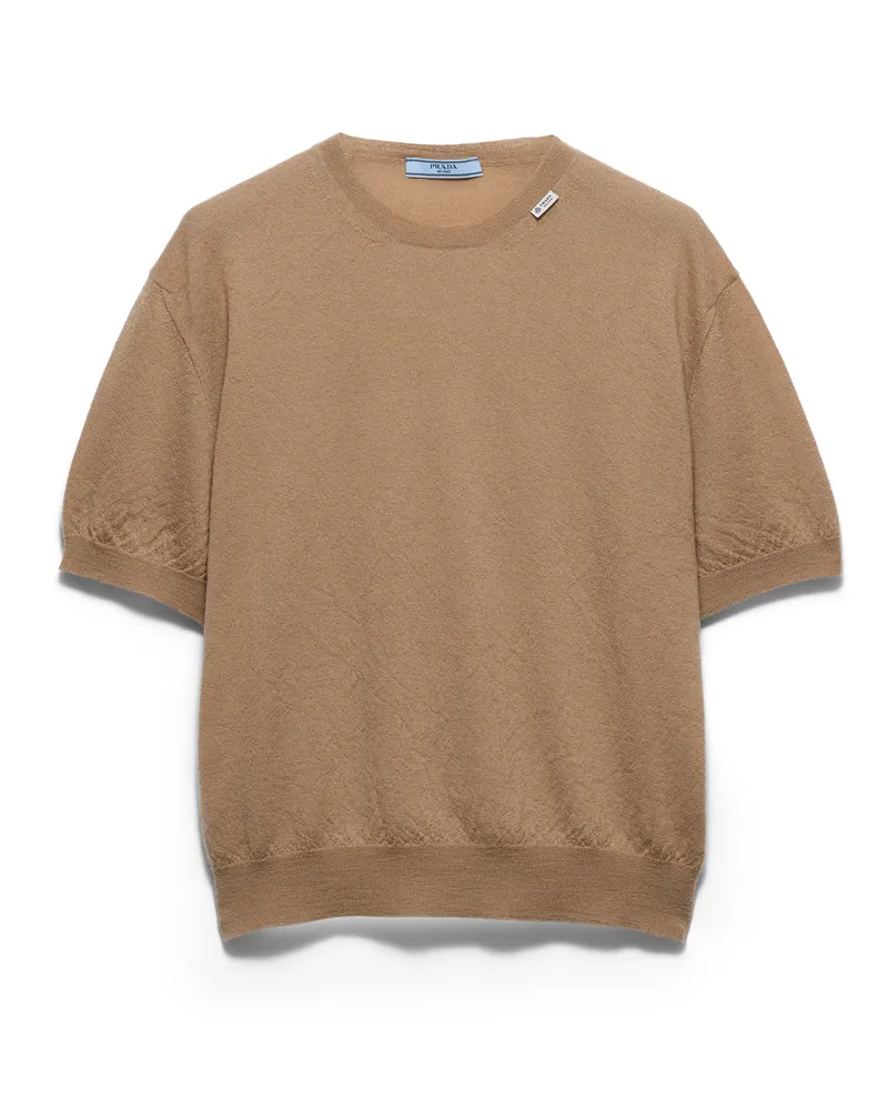Prada Kurzärmliger Rundhalspullover Aus Kaschmir, Damen, Wüstenbeige, Größe Wüstenbeige