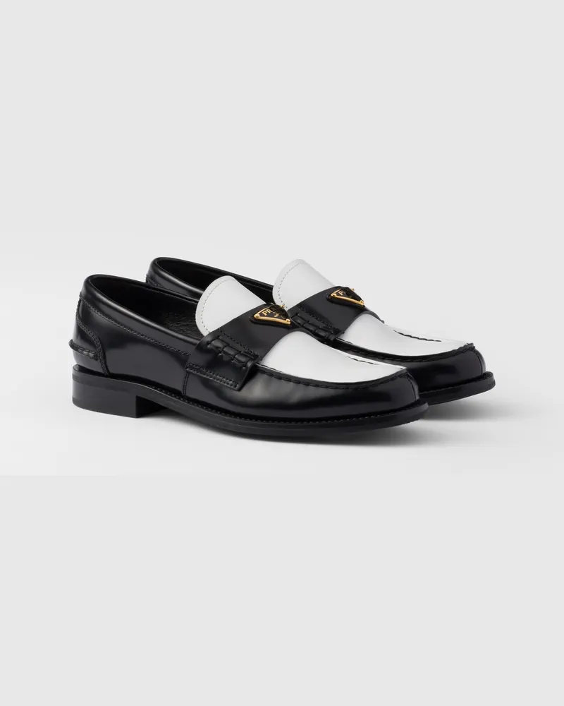 Prada Zweifarbige Loafer aus gebürstetem Leder Schwarz