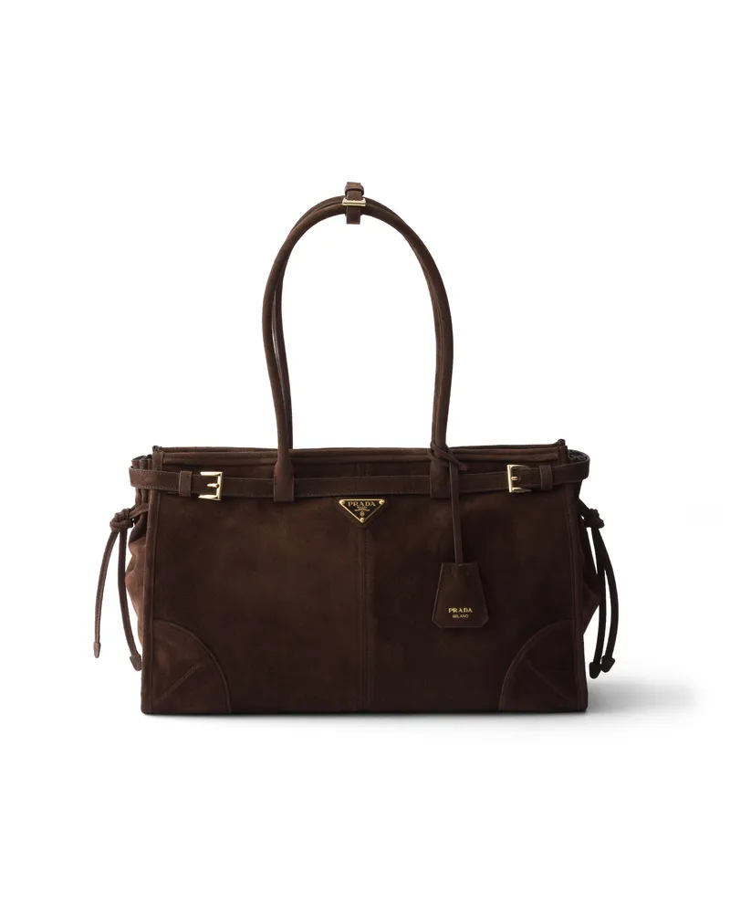 Prada Große  Bonnie Handtasche Aus Veloursleder, Damen, Dunkelbraun Dunkelbraun