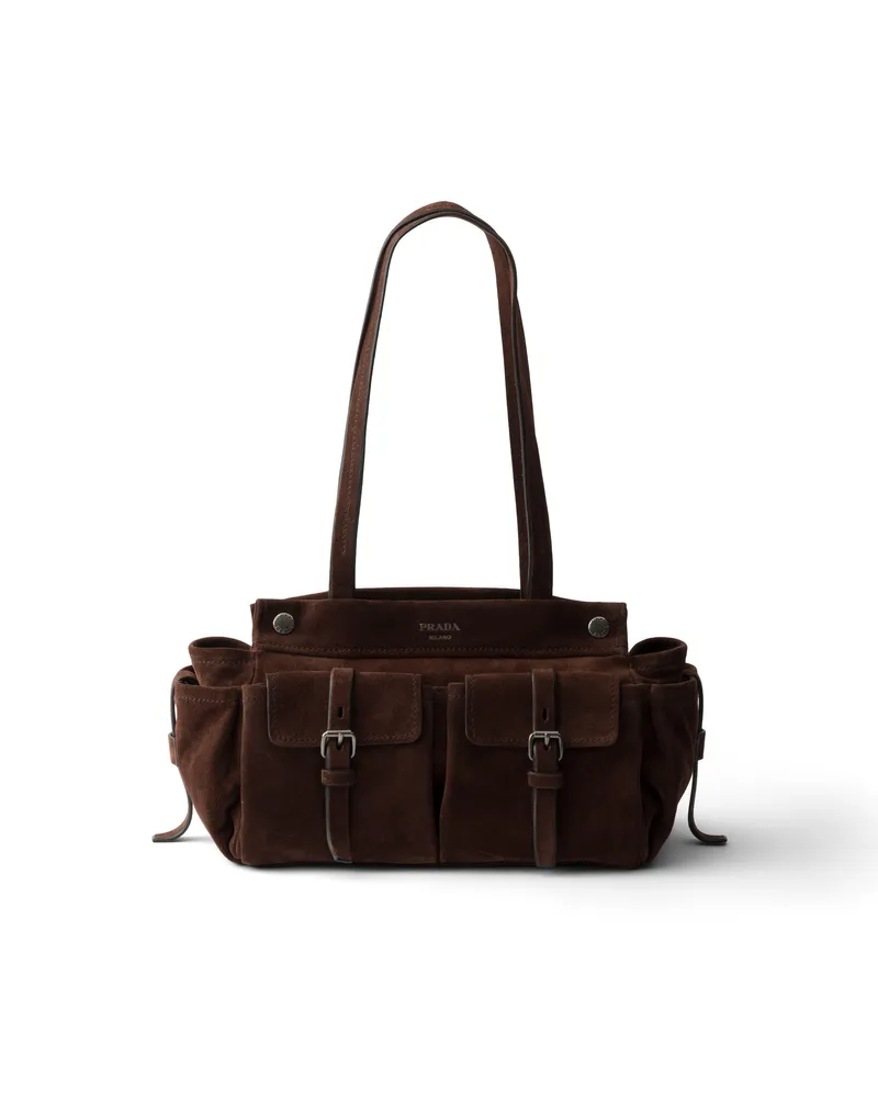 Prada Mittelgroße Tote Bag Aus Wildleder, Damen, Dunkelbraun Dunkelbraun
