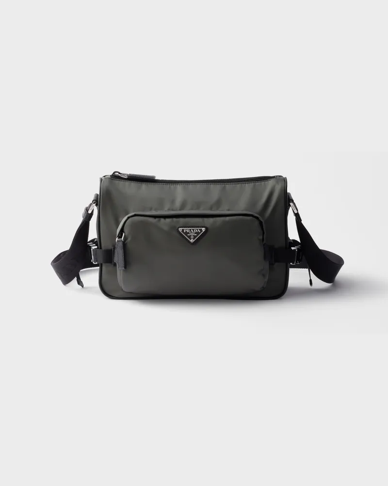 Prada Mittelgroße Schultertasche aus Re-Nylon und Saffiano-Leder Waldgrün