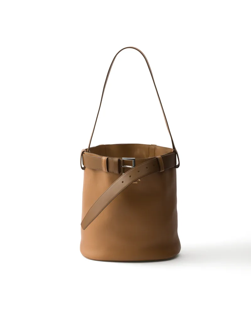 Prada Buckle Bucket Bag Aus Leder Mit Gürtel, Damen, Karamell Karamell