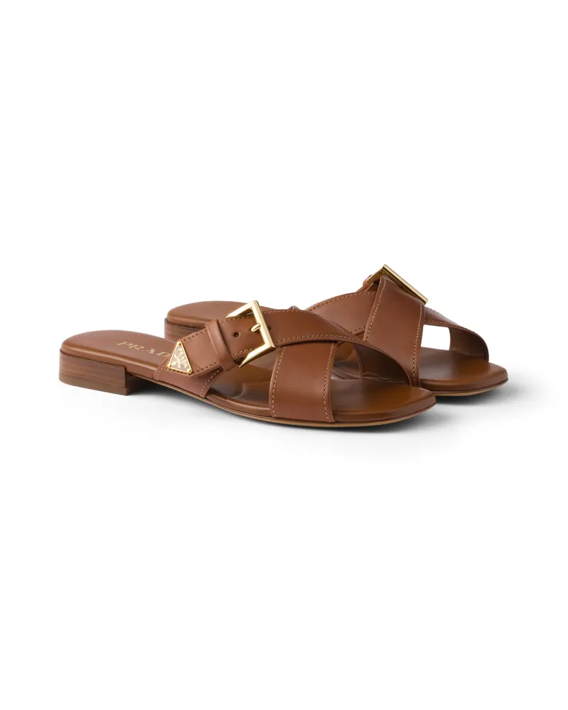 Prada Überkreuzte Pantoletten Aus Leder Mit Schließe Aus Metall, Damen, Hellbraun, Größe Hellbraun